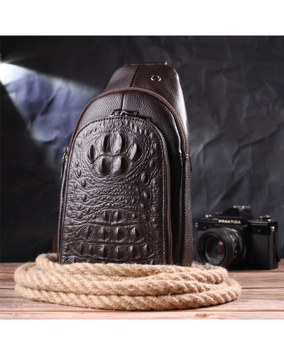 Сумка слінг чоловіча з натуральної фактурної шкіри 21401 Vintage Коричневий