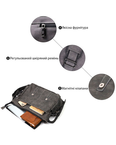 Містка чоловіча сумка зі шкірозамінника Vintage 22143 Сірий
